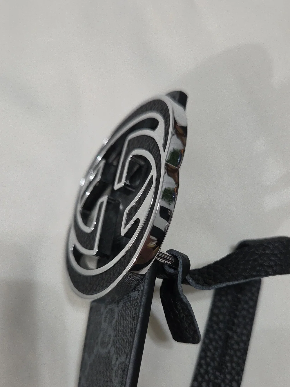 Gucci Black Leather Monogram Belt Silver Double GG Buckle